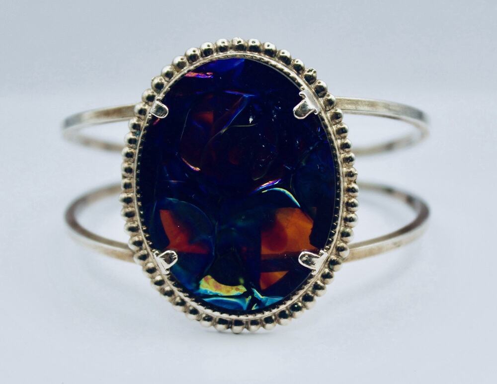 Vintage Badcvici Designer Hand Blown Prisma Glass Cuff Bracelet Sterling Silver